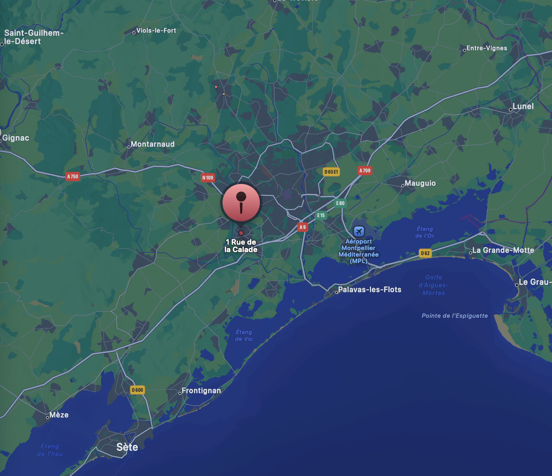 Carte de situation de Saint-Jean-de-Védas à l’ouest de Montpellier, proche des plages, de l’A9 et de l’A75