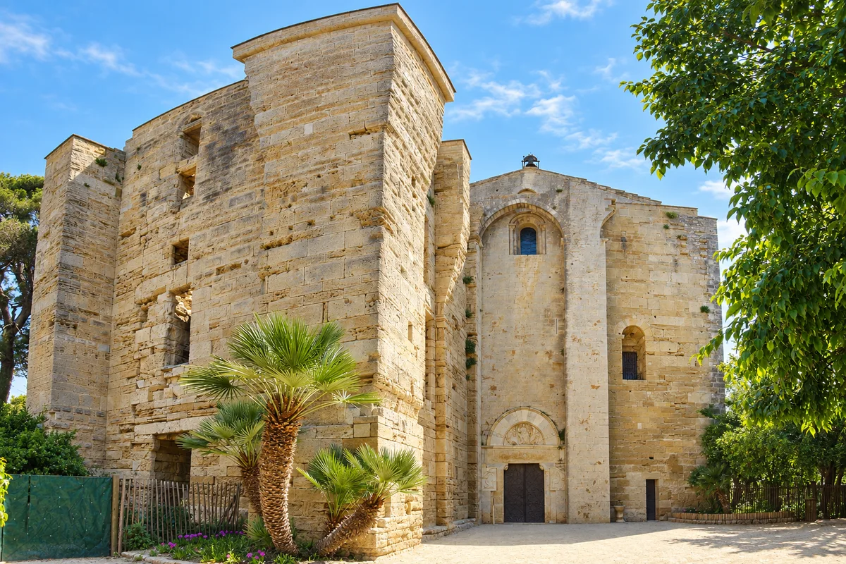 Die Steinfassade und Palmen der Kathedrale von Maguelone, Foto retuschiert