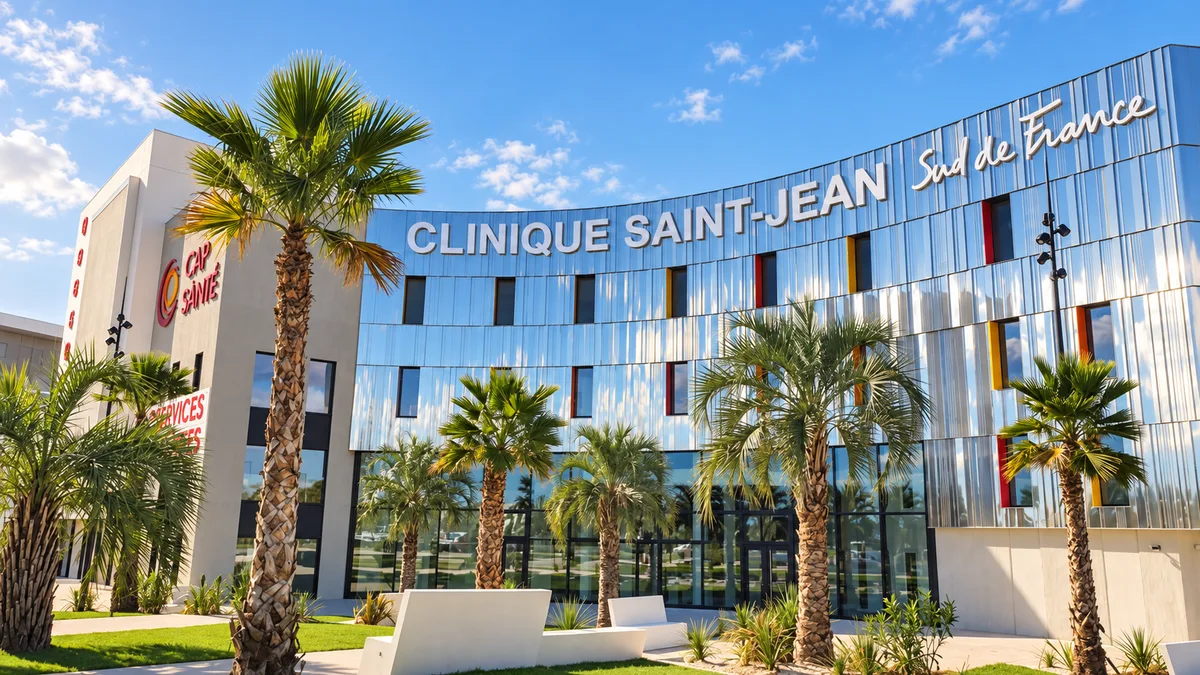 Die Fassade der Saint-Jean Sud Klinik von Frankreich und seine Palmen, Foto retuschiert