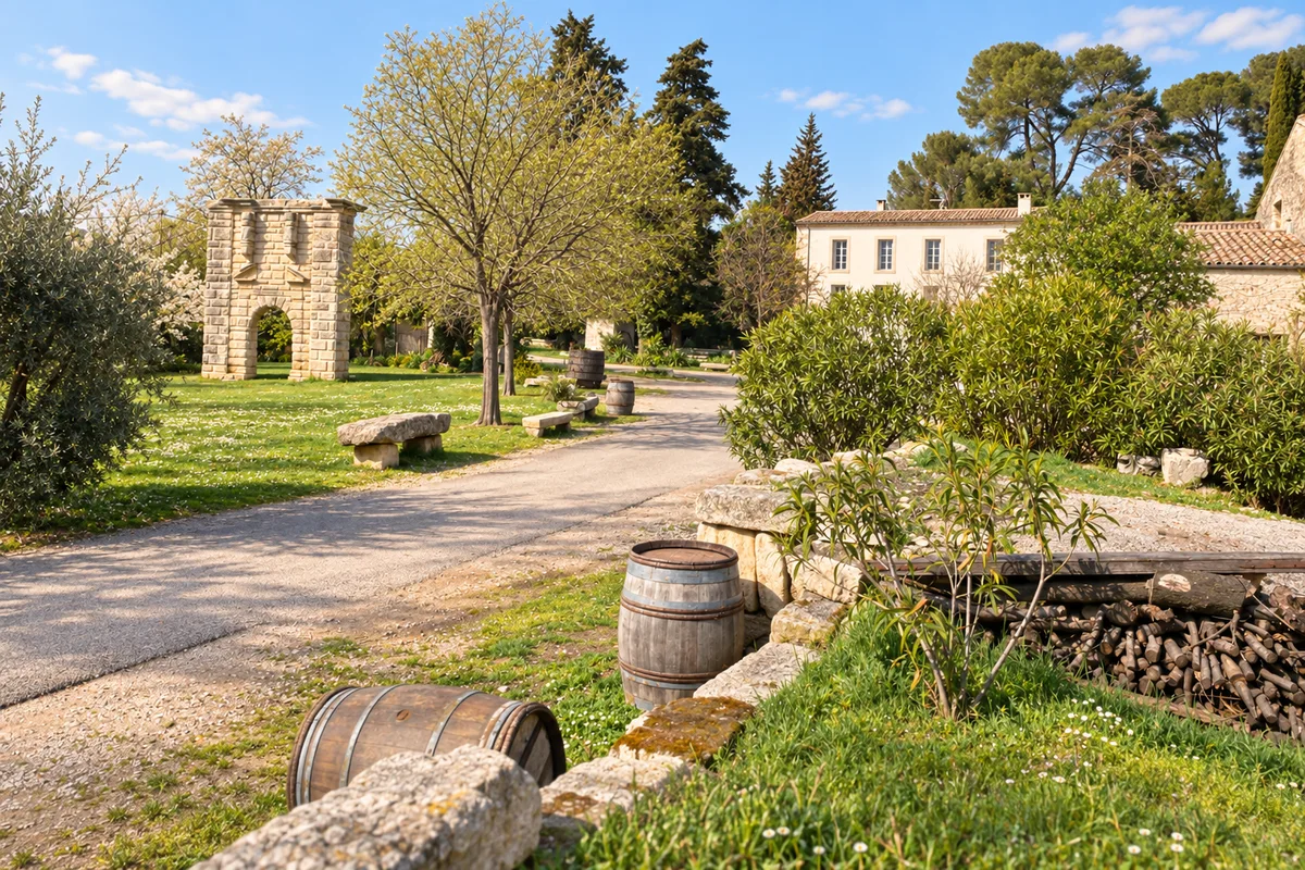 Der Eingang zum Domaine Le Claud, sein Steinbogen, seine Bäume und Fässer, Foto retuschiert
