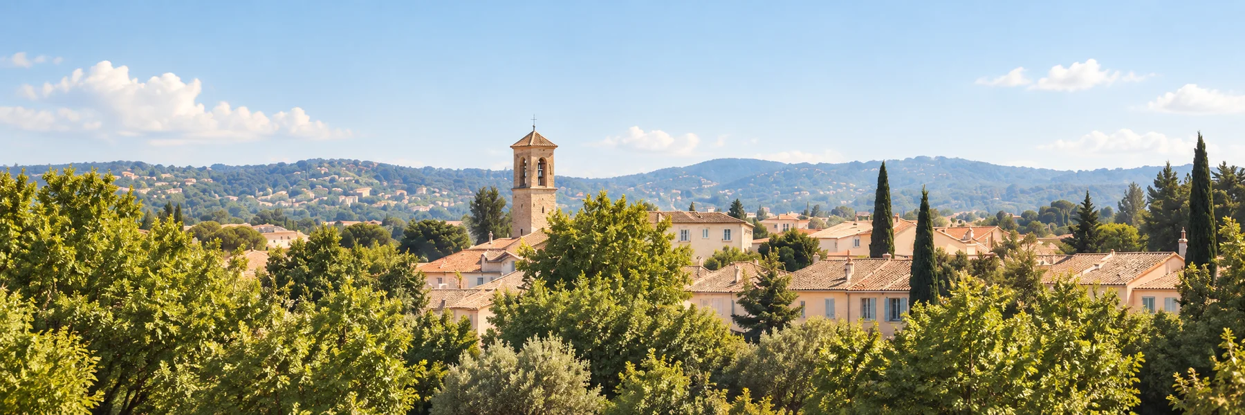 Illustration der mediterranen Atmosphäre : Dächer von Fliesen, Glockenturm und Bäume in der Sonne