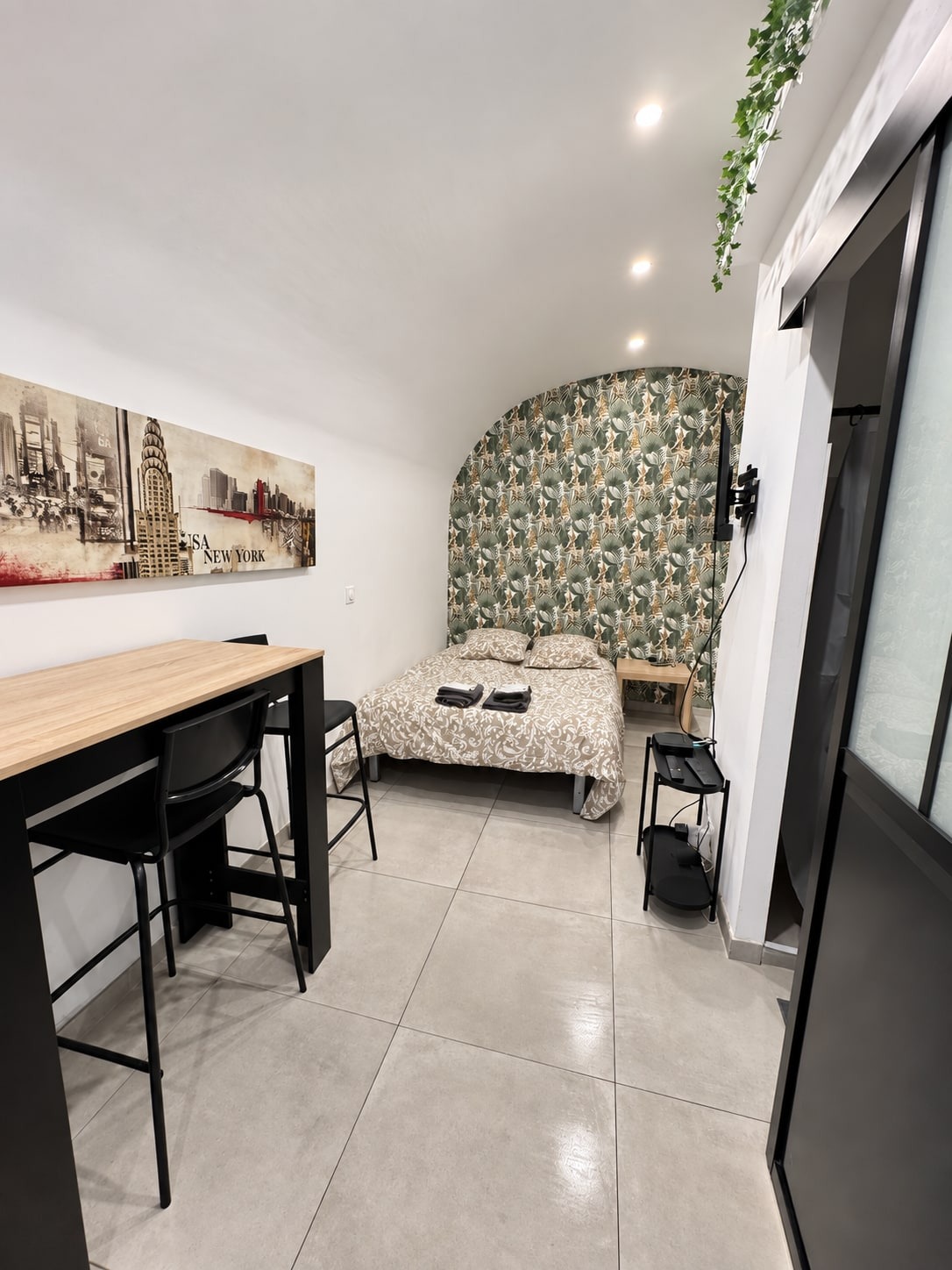 Le studio, son canapé-lit convertible sous l’alcôve végétale et son coin repas