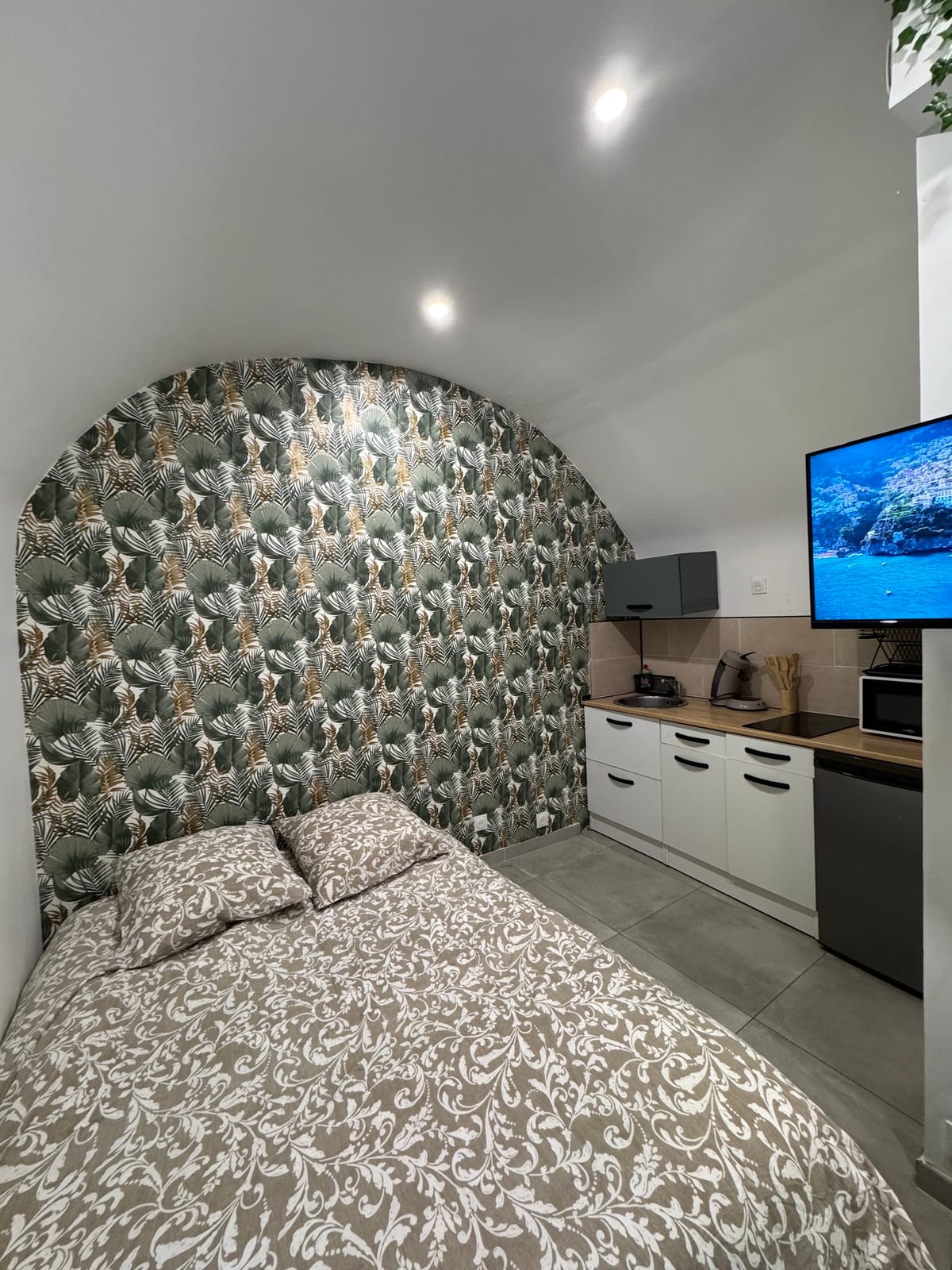 Studio à Saint-Jean-de-Védas : lit double sous une alcôve voûtée, kitchenette et télévision murale